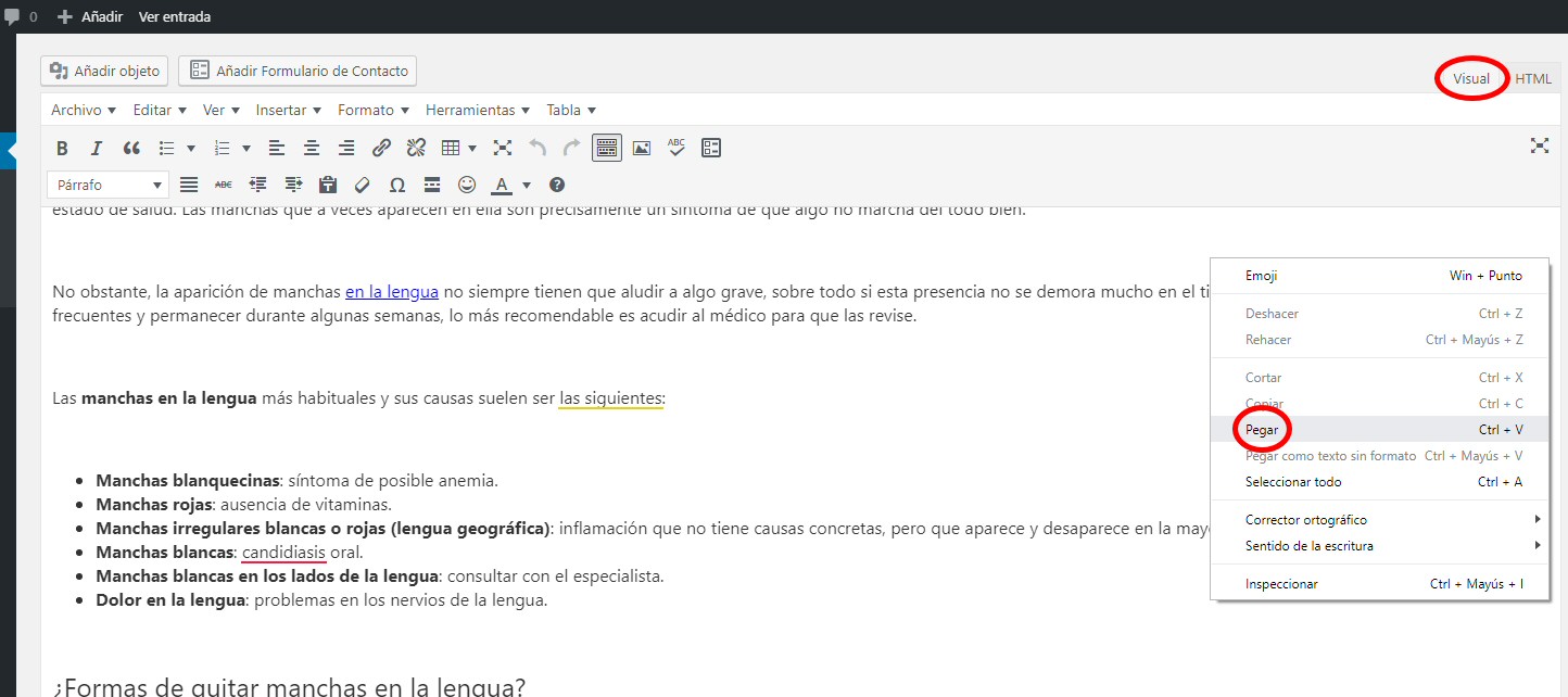 copiar pegar wordpress visual