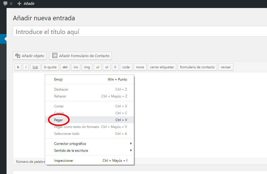 wordpress nueva entrada pegar